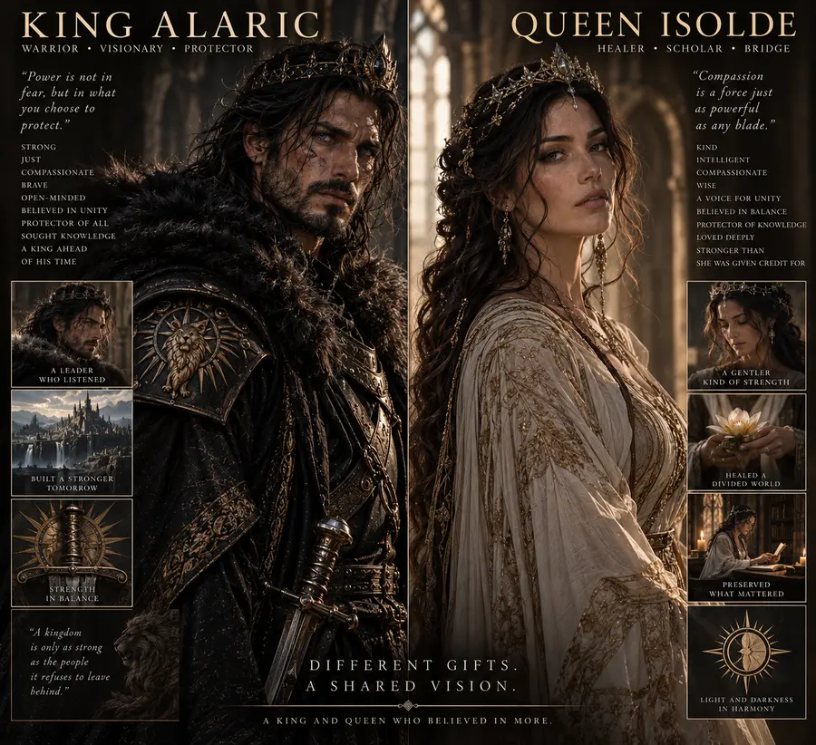 Character artwork of King Alaric and Queen Isolde