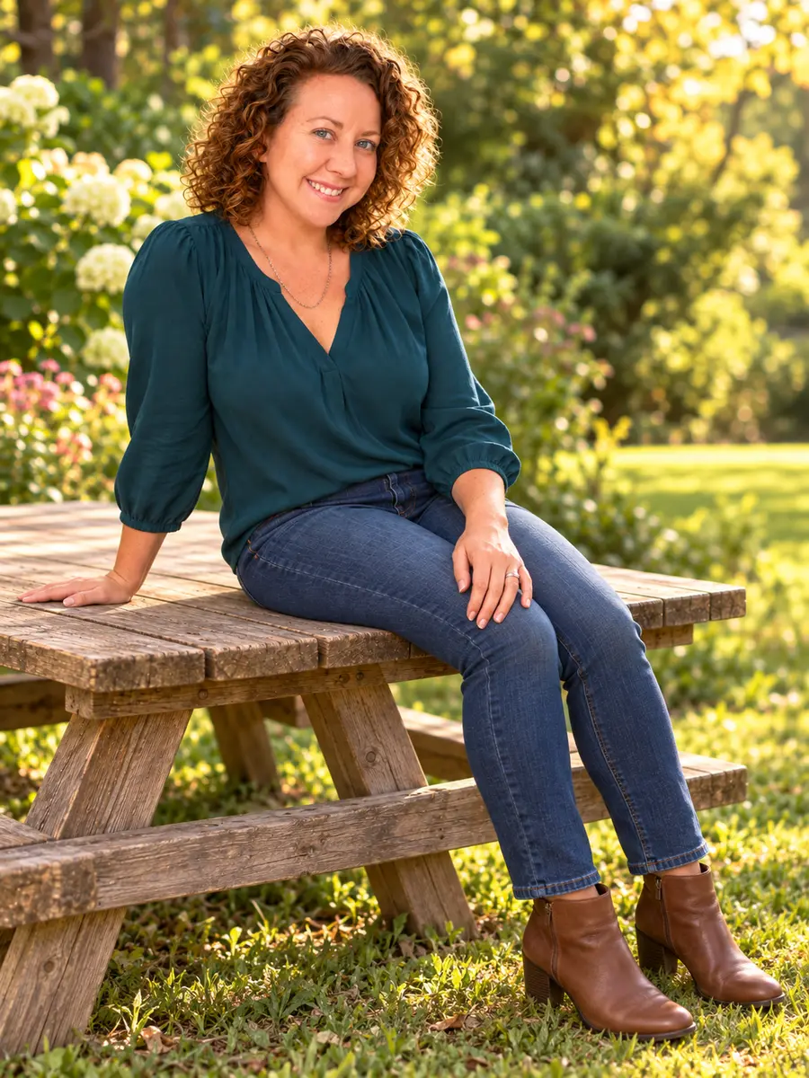 S.A. Combs smiling outdoors, seated on a wooden table in a sunlit garden